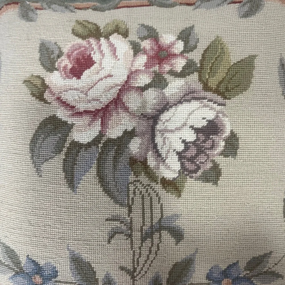 VTG Aubusson Tapestry Rose Green Fringe Needlepoint Feather Down Country Pillow